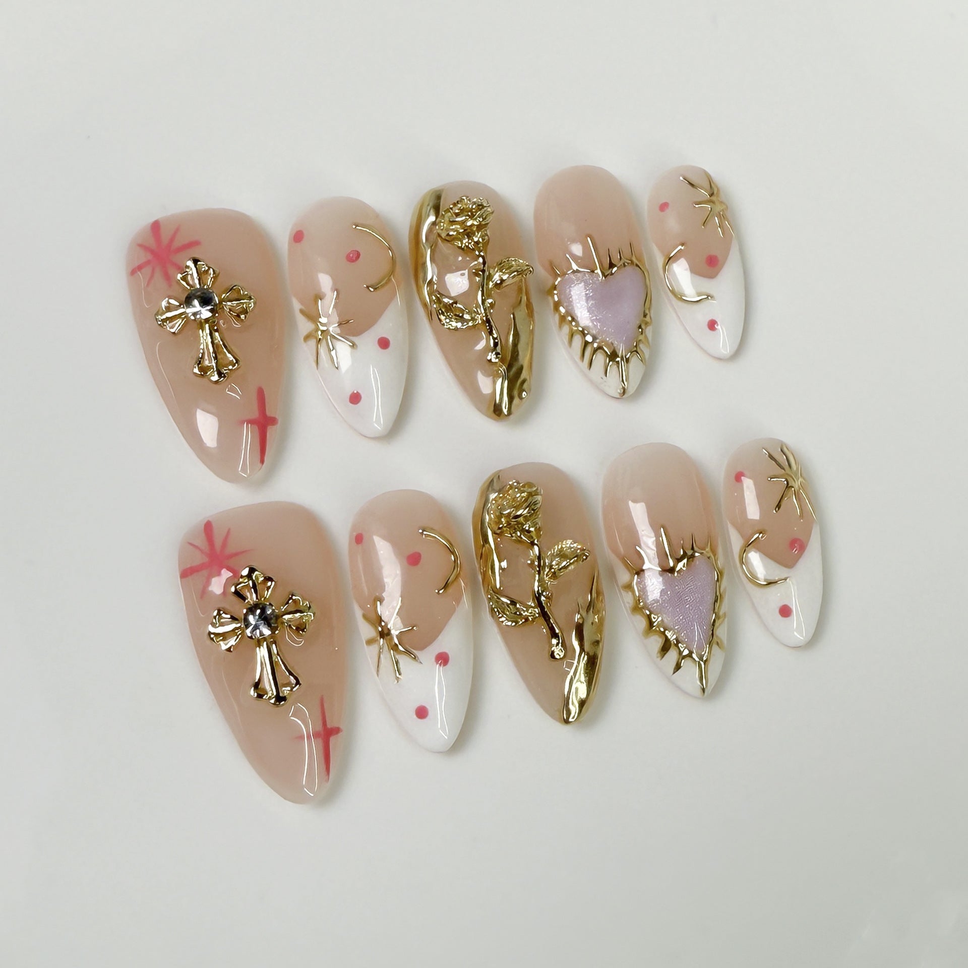 Ice through  almond nail art French hand-painted metal relief white handmade press-on nails｜365nails