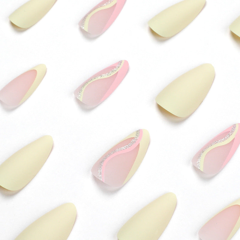 Unhas postiças manicure francesa fresca linha amarela rosa glitter unhas foscas peça unhas postiças unhas removíveis ｜365nails