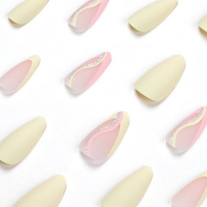 press on nails French manicure fresh yellow pink line glitter matte nails piece fake nails removable nails｜365nails