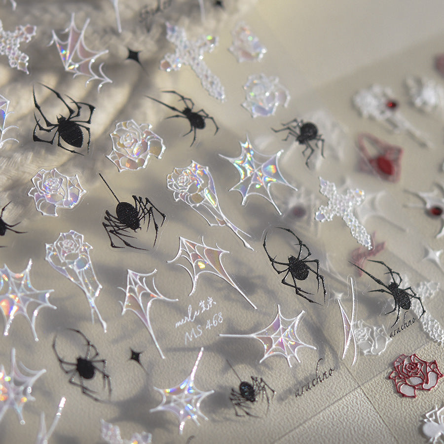 Aranha Holográfica e Cruz Gótica: "Teia de Aranha Brilho de Concha" – Adesivo de Unha em Relevo 5D