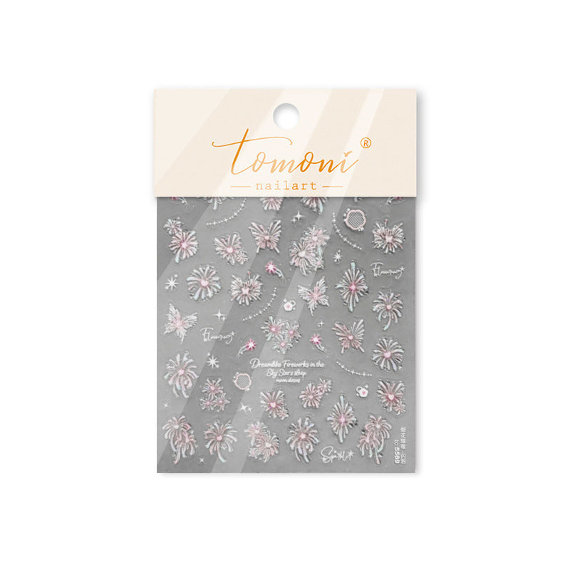 Holographic Firework Nail Stickers – 3D Embossed Red & Pink Celebration Set