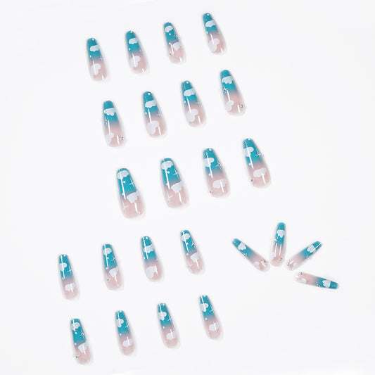 Sky blue clouds gradually change rhinestone wearing finished nail art    removable ｜365nails