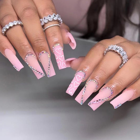 Pink love rhinestone  wholesale nail piece nail piece finished product removable ultra-thin nail piece｜365nails