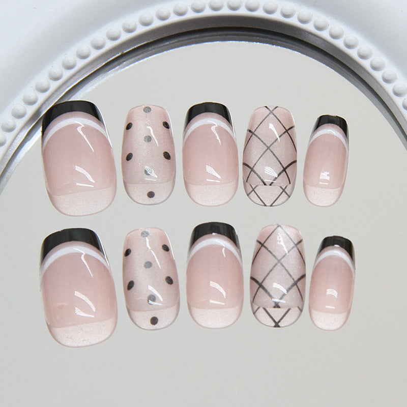 Nail Tips  Prefabricated Nail Black French Polka Dot Plaid cat eye Fashion White Versatile  Nail Patch｜365nails