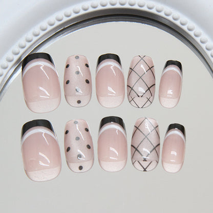 Nail Tips  Prefabricated Nail Black French Polka Dot Plaid cat eye Fashion White Versatile  Nail Patch｜365nails