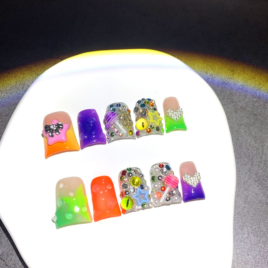 Neon Candy Star Crystal Short Press On Nails