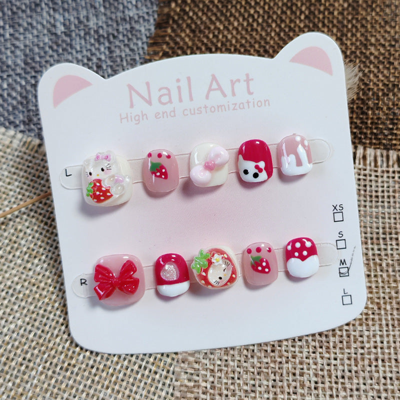365Nails: "Strawberry Hello Kitty Wonderland" – Handmade Cute Short Oval Press On Nails With Hello Kitty & Strawberry Design