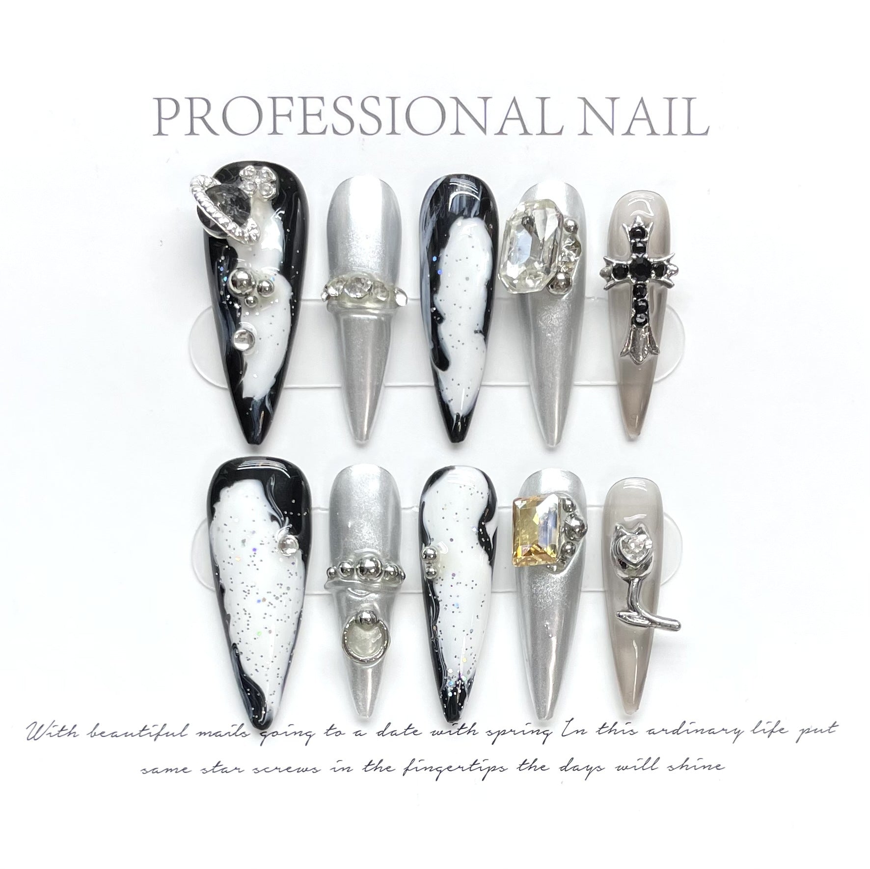 handmade press on nails Psychedelic Empress Dowager Silver White Silver Flash Spice Girl Nail Art  Long Tip Nail Type | 365nails