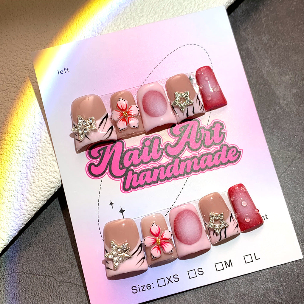 Nude Red Star Floral Press On Nails
