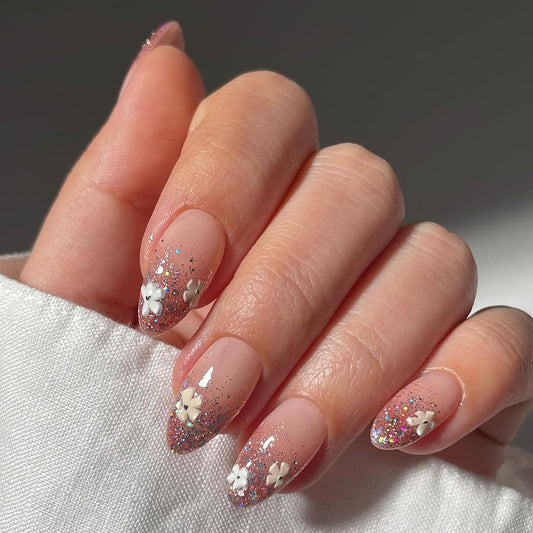 Parche de uñas para usar en uñas de verano, arte de uñas francés con flores y purpurina, uñas postizas, nuevo parche de uñas desmontable, venta al por mayor | 365nails