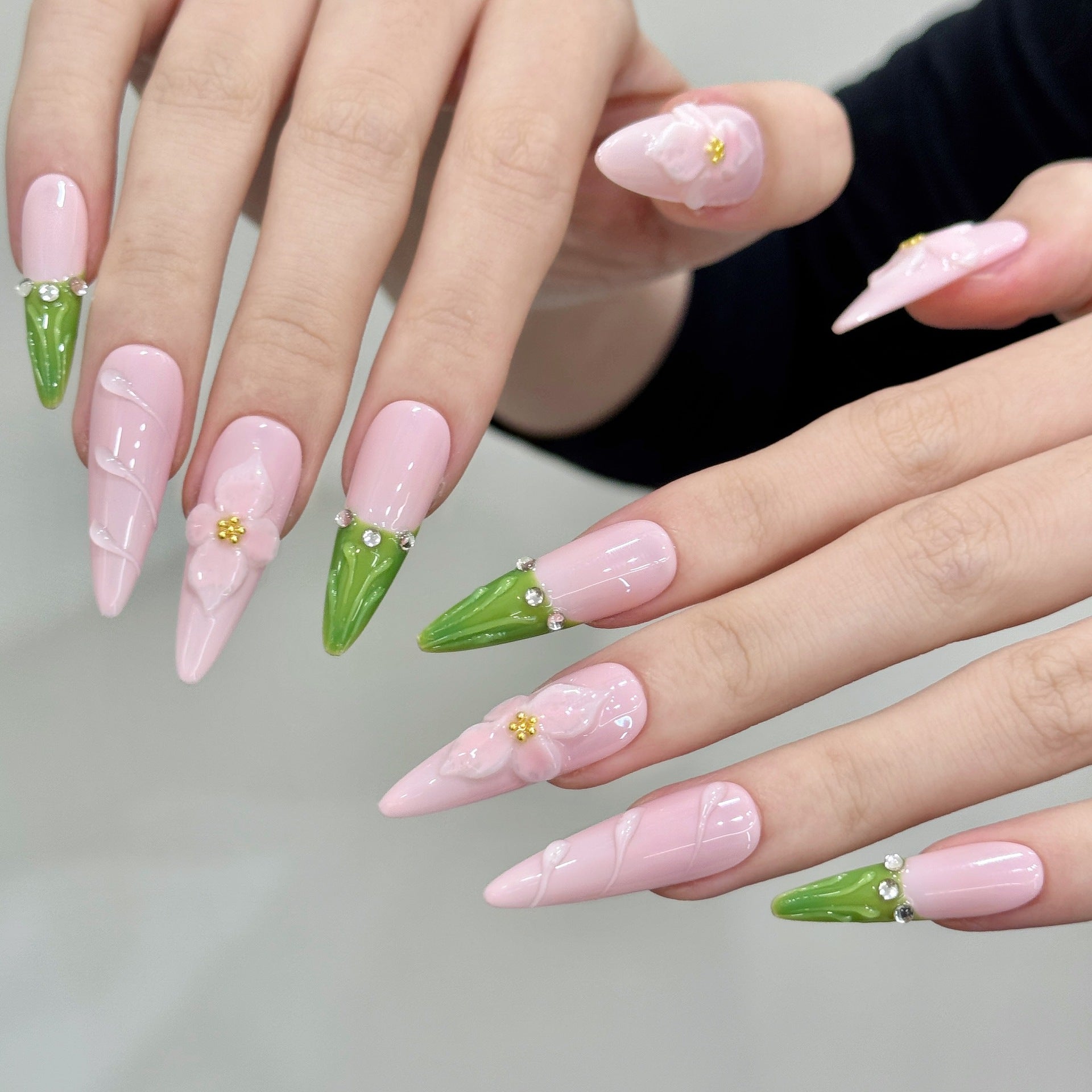365nails: "Blooming Tulips" – 3D Floral Sculpted Handmade Long Almond Nails