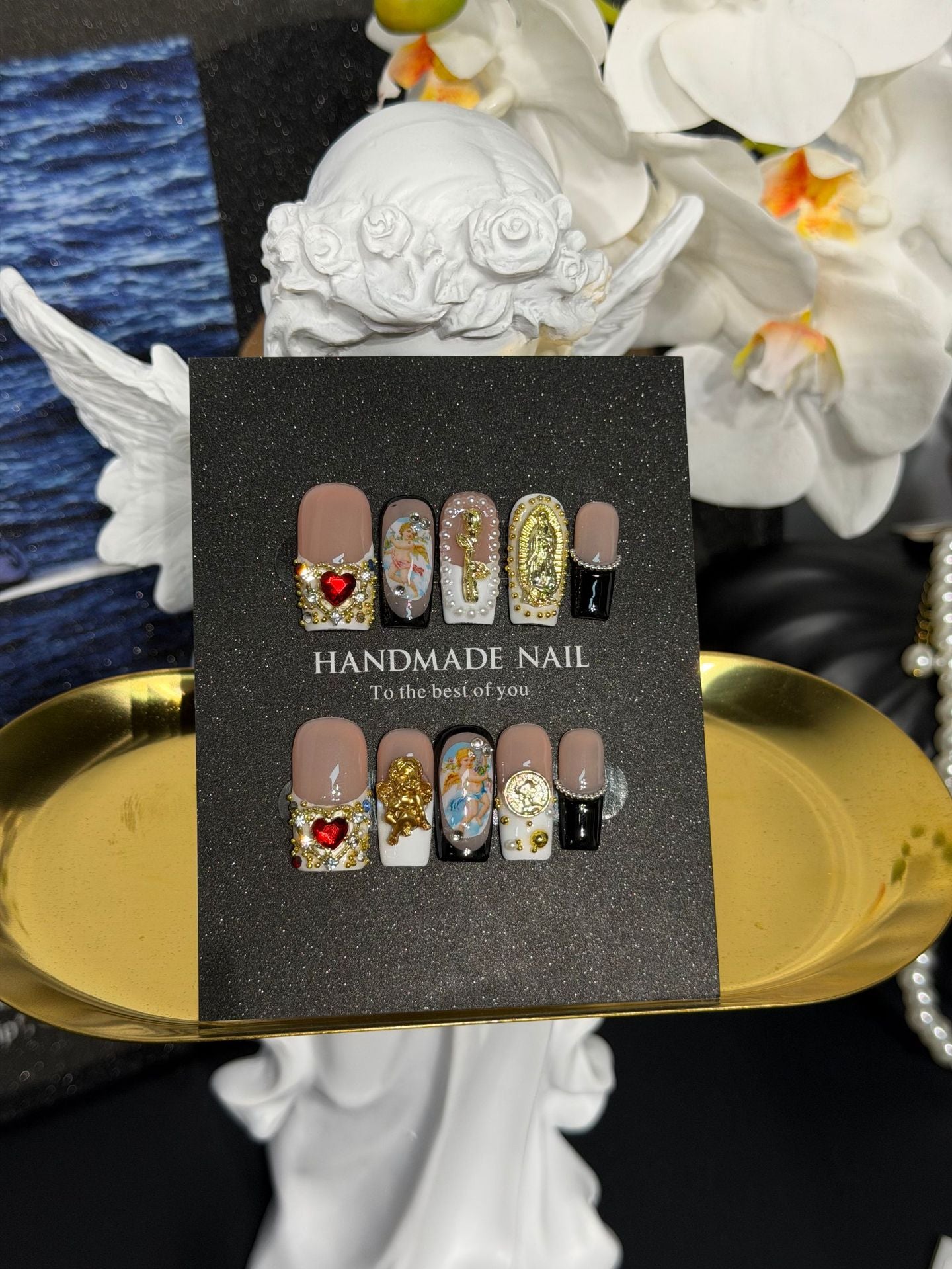 365nails: "Gilded Bloom" – 3D Floral Handmade Almond Nails