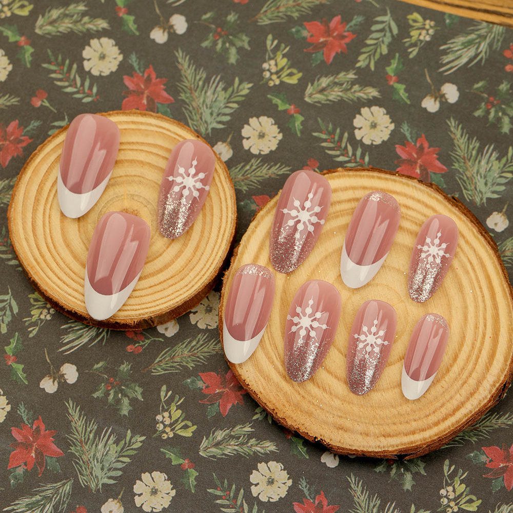 簡約法式白聖誕雪花金色亮粉短款穿戴甲片 批發｜365nails