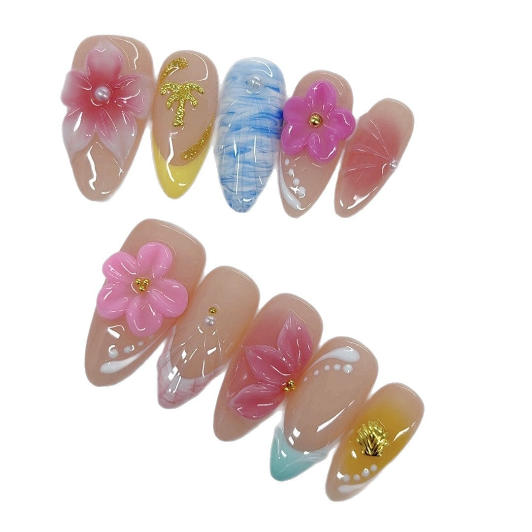 Tropical Bloom: "Beachside Floral Escape" – Almond Press-On Nails