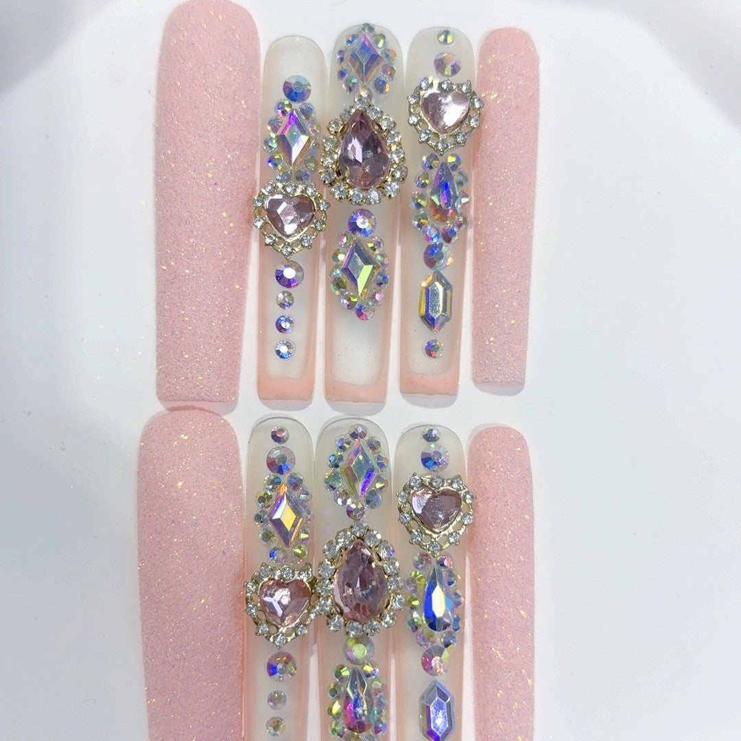 Pink Glitter Butterfly Crystal Press On Nails