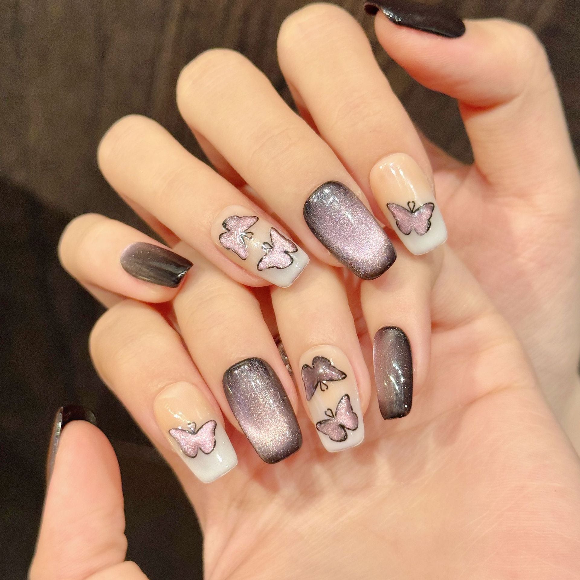 365nails: "Mystic Butterfly" – Hand-Painted Cat Eye & Butterfly Handmade Long Stiletto Nails