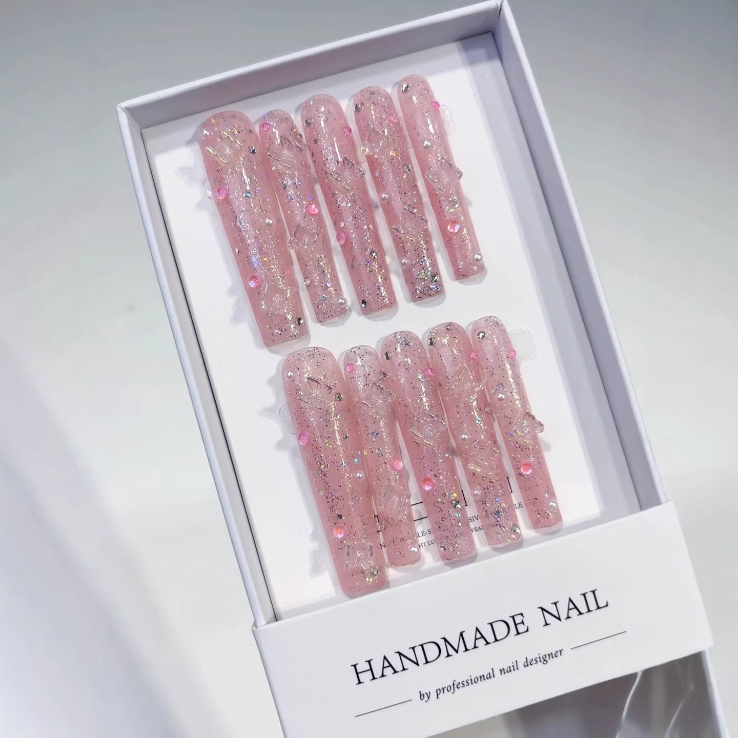 365nails: "Pink Butterfly Glitter" – Extra Long Square Glittery Pink Butterfly Handmade Press-On Nails