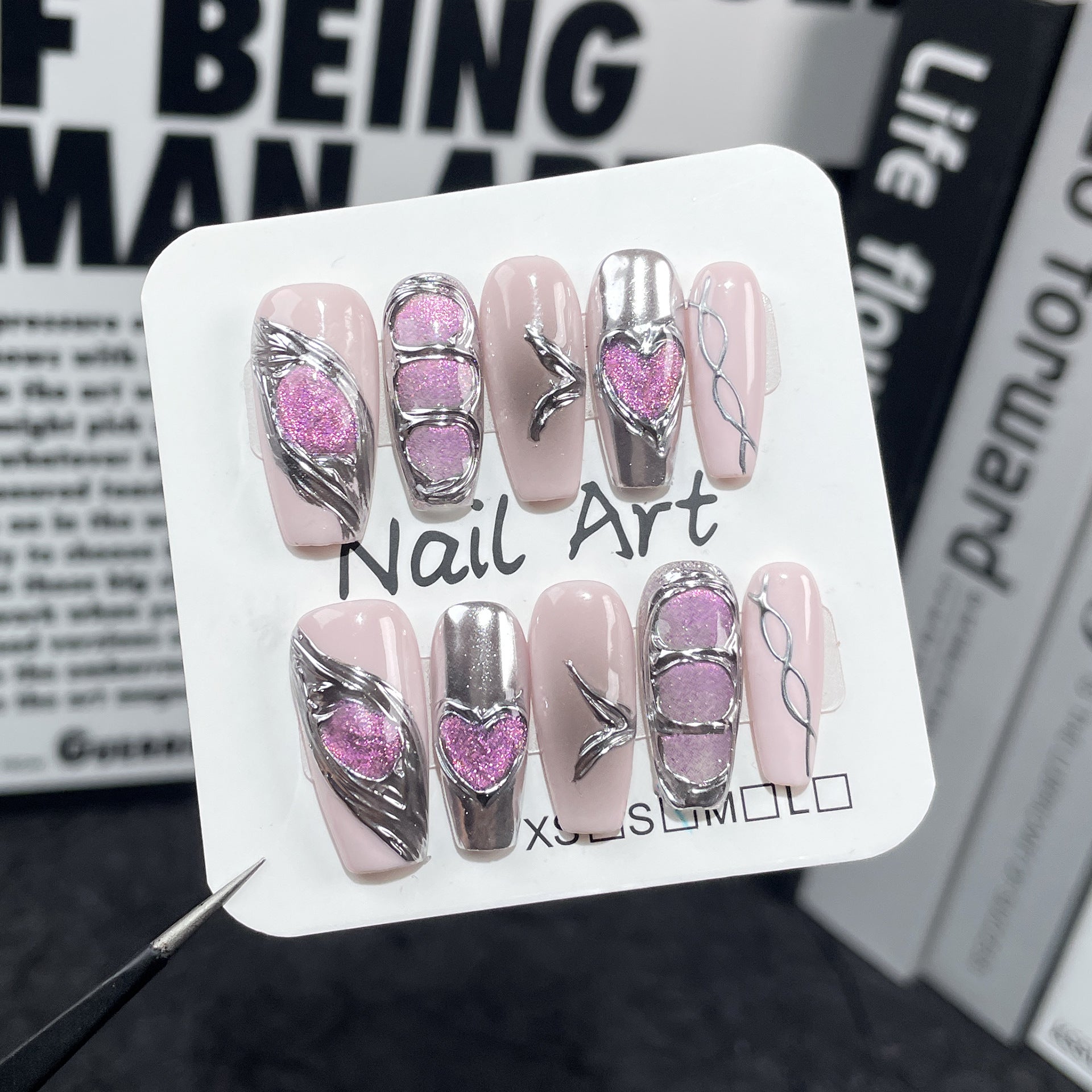 Uñas postizas de metal Spice Girl, hechas a mano, con aerógrafo, rubor, estilo ojo de gato, uñas medianas y largas | 365nails
