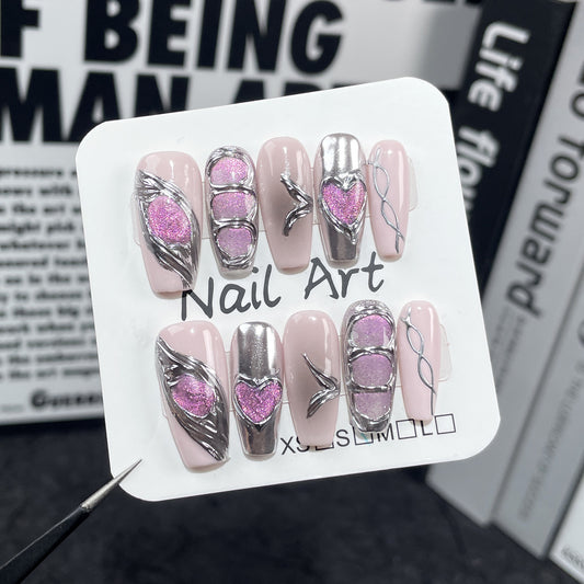 Sweet Cool Spice Girl Metal Handmade Press-on Nails Airbrush Blush cat eye Nail Art Medium and Long｜365nails