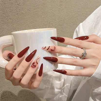 Red snake autumn and winter long pointed white hot girl pure handmade press on nails punk nail art fake nails | 365nails