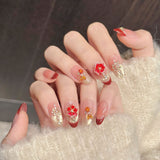 Red Gold Blossom Gradient Press On Nails