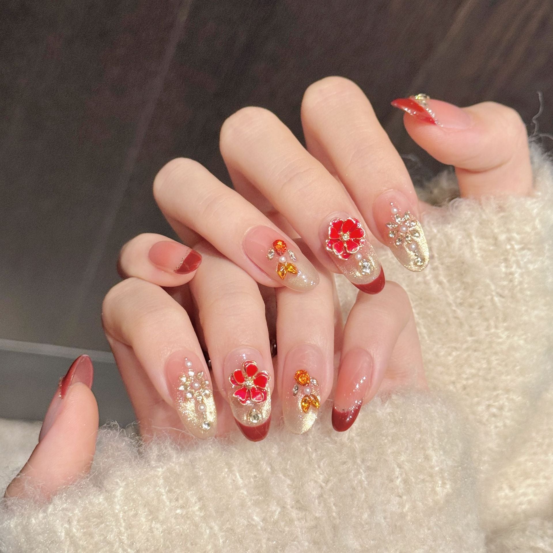 Red Gold Blossom Gradient Press On Nails