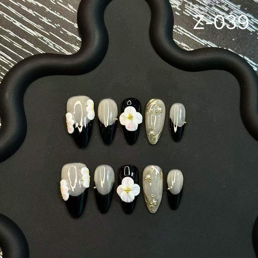 365nails: "Nocturnal Bloom" – 3D Floral & Marble Handmade Almond Nails