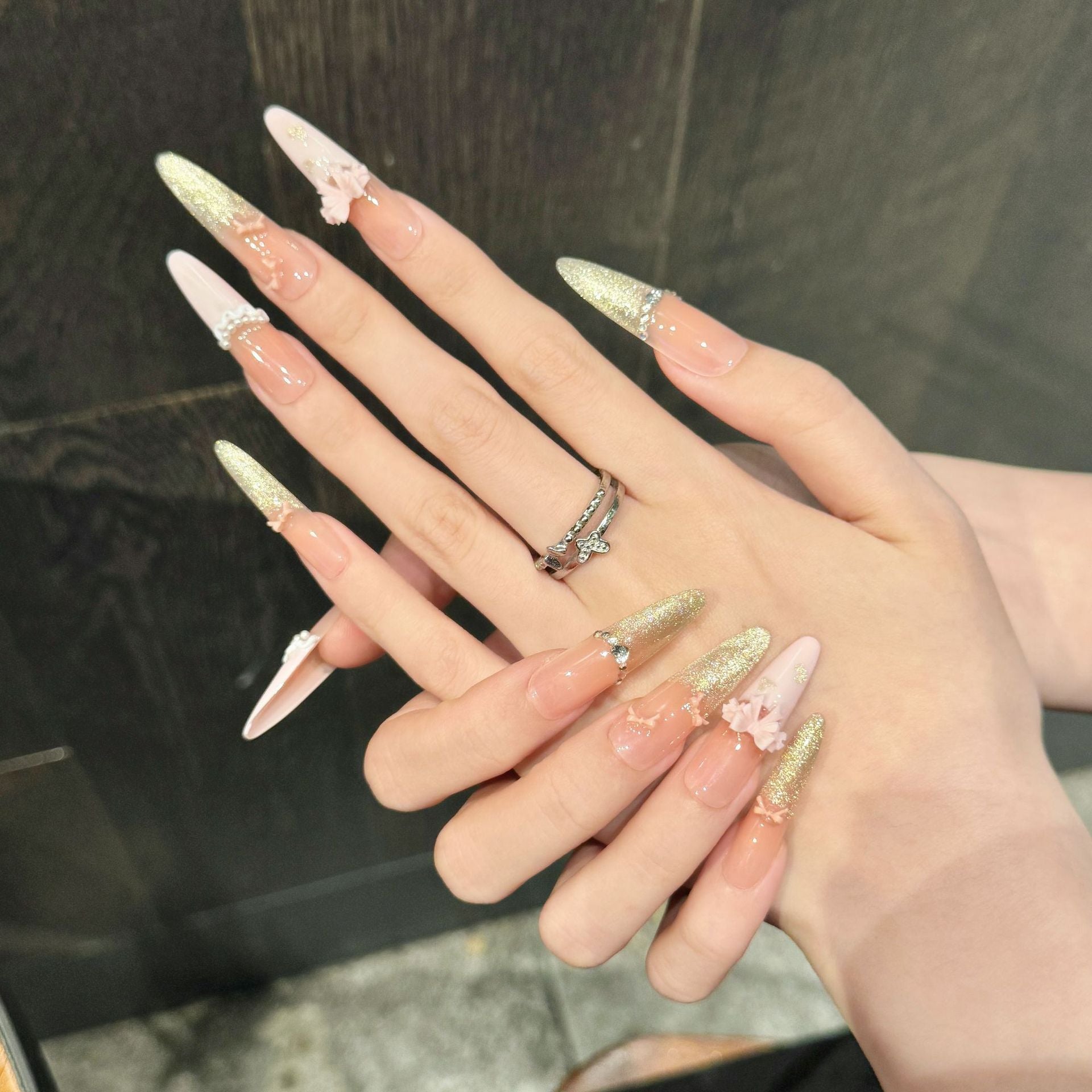 365nails: "Golden Hour Romance" – 3D Bow & Pearl Handmade Long Coffin Nails