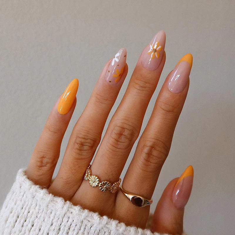 nails art tablets Press on nails wholesale, French orange and white flower fake nails removable nails art Press on nails wholesale｜365nails