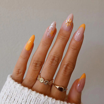 nails art tablets Press on nails wholesale, French orange and white flower fake nails removable nails art Press on nails wholesale｜365nails
