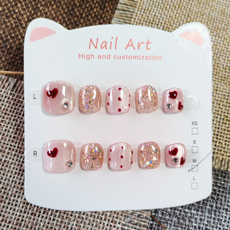 365nails: "ruby heart sparkle" – short wide handmade kids press-on nails