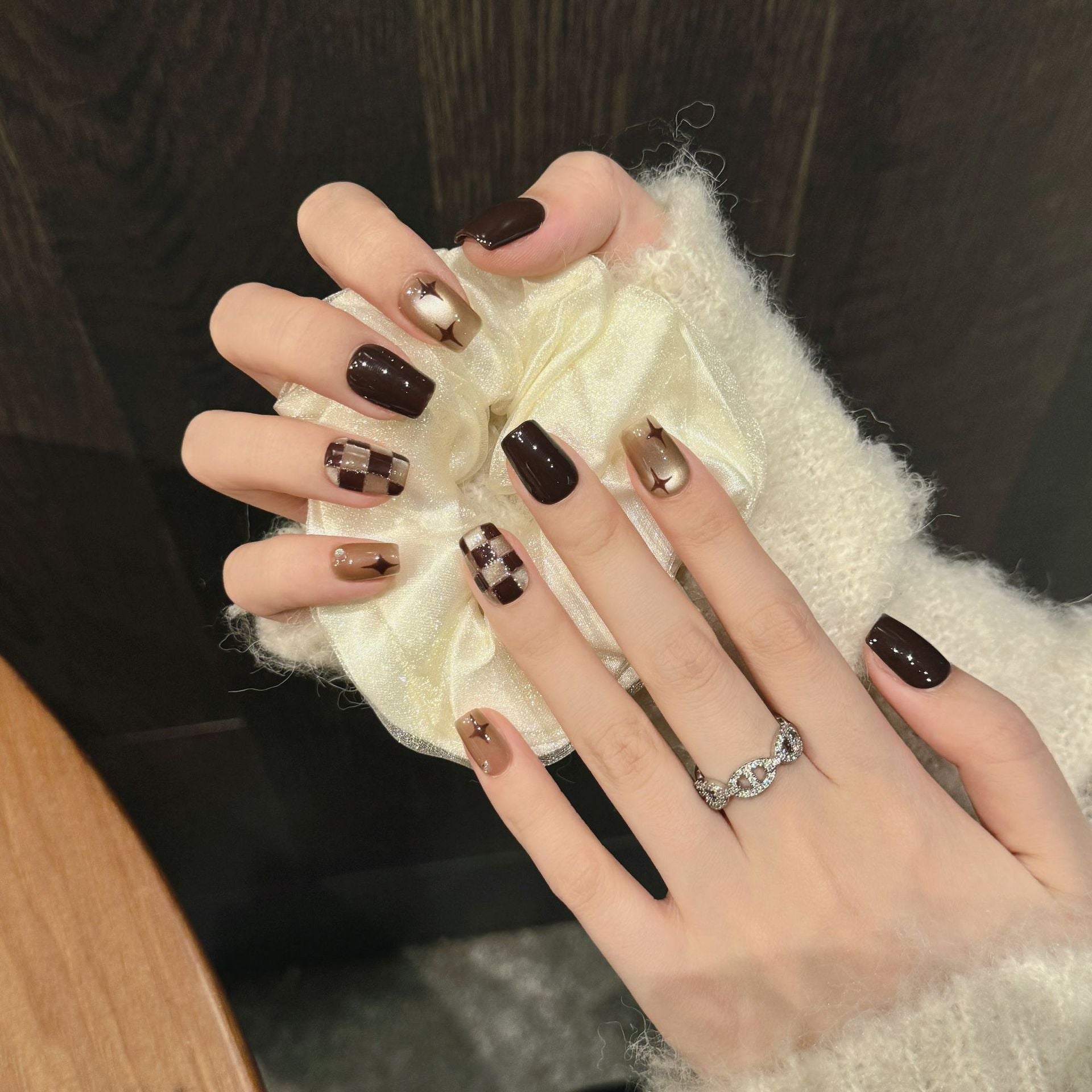 365nails: "Chocolate Starlight" – Hand-Painted Plaid & Starburst Handmade Short Square Nails
