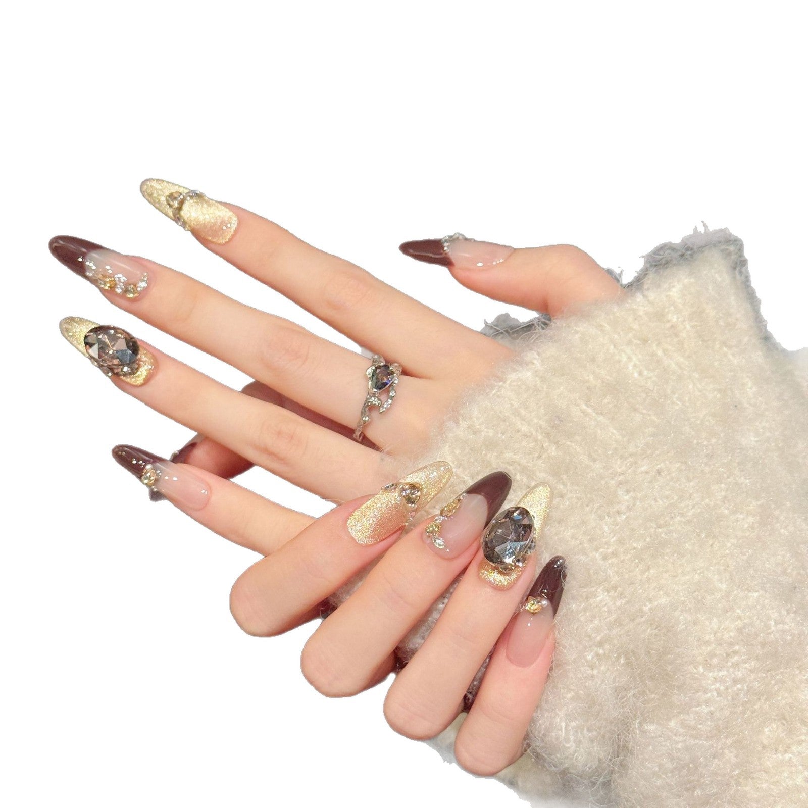 365nails: "Midnight Mocha" – Gold Leaf & Gemstone Handmade Coffin Nails