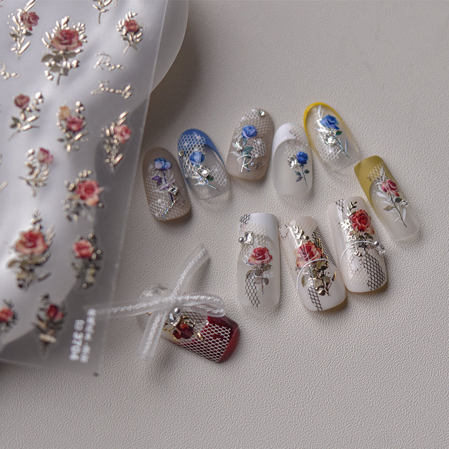 365nails: 復古紅玫瑰搭配金箔 指甲貼紙