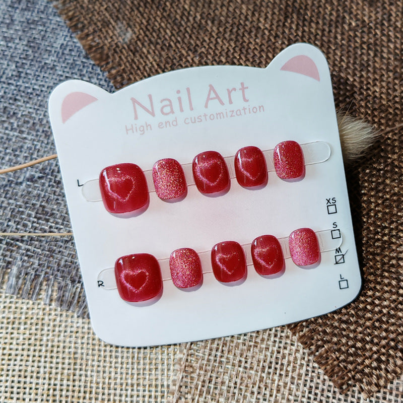 365nails: "ruby red cat-eye heart" – handmade press-on pedicure