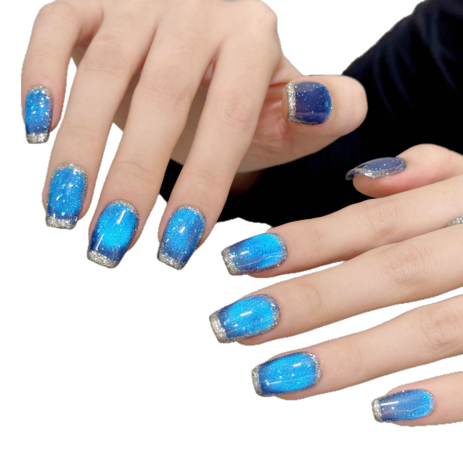 365nails: "Sapphire Galaxy" – Cat-Eye Glitter & Silver French Tip Handmade Short Square Nails