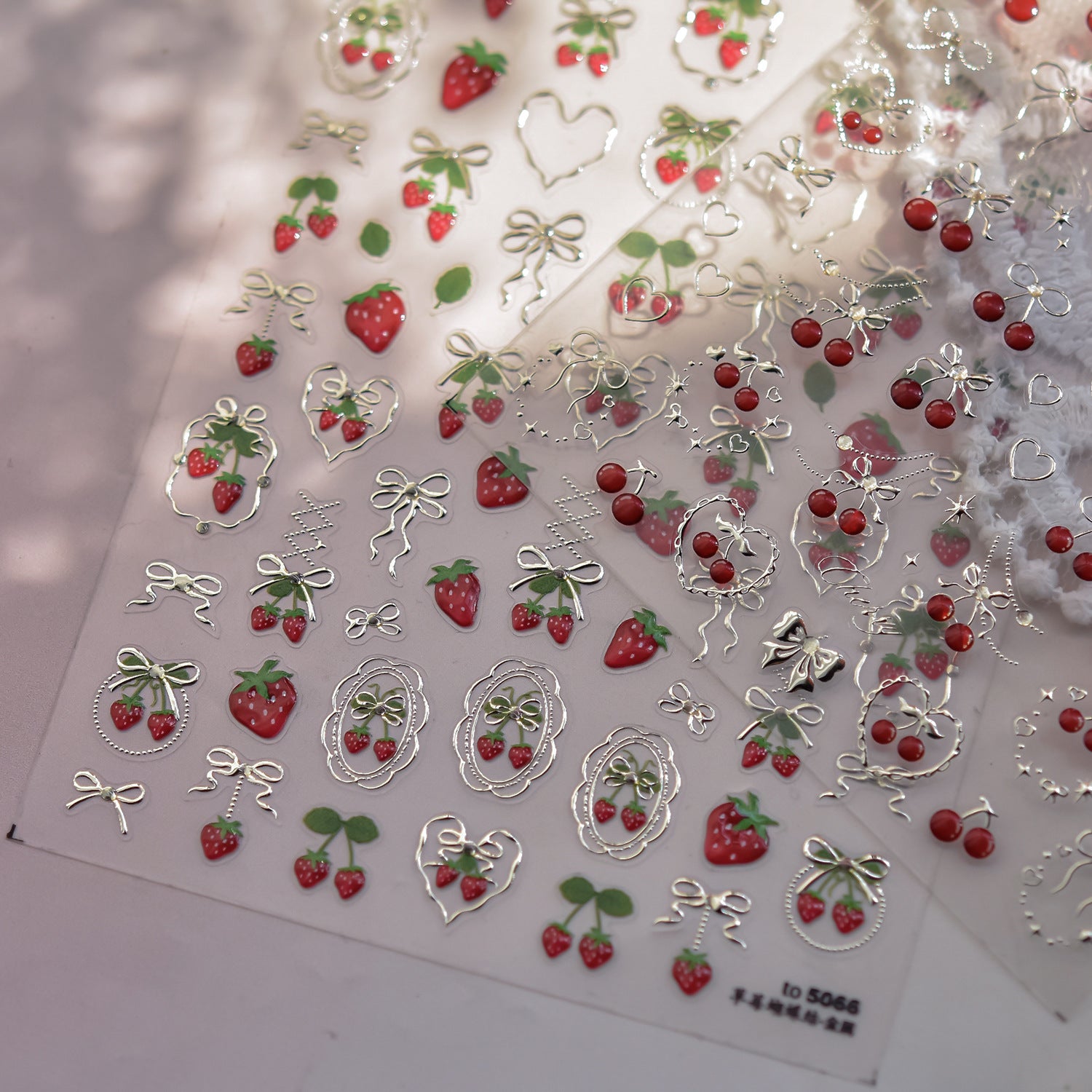Embossed Fruit Nail Stickers – Cherry & Strawberry Gold Set
