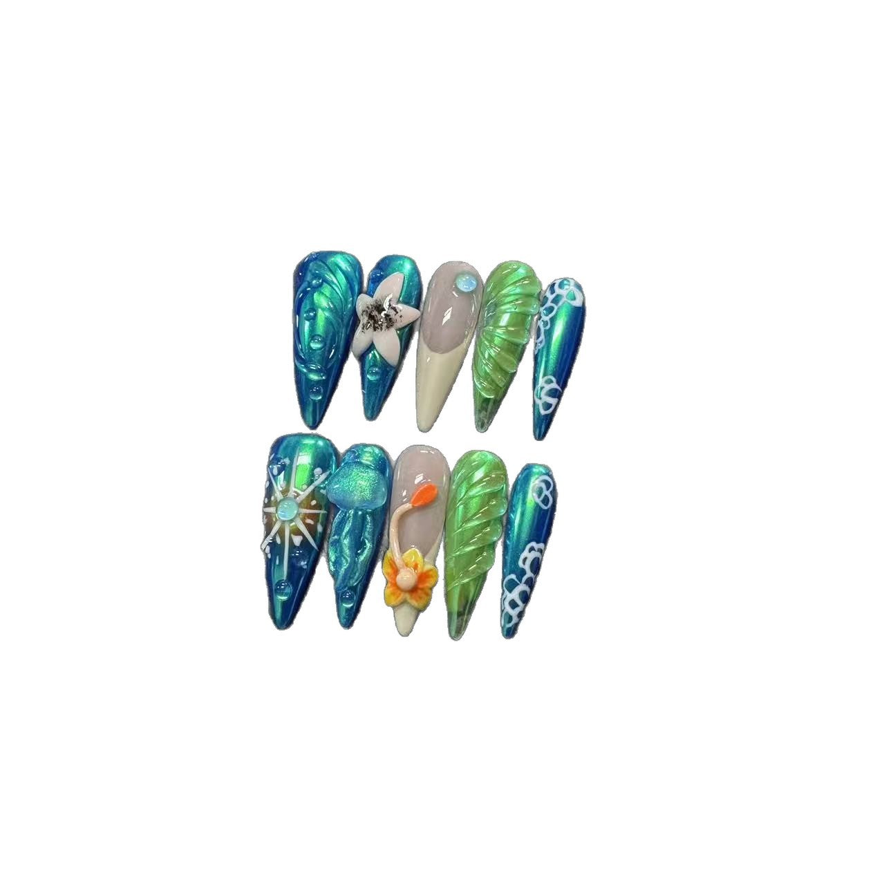 365nails: "Oceanic Dream" – 3D Floral Handmade Long Stiletto Nails