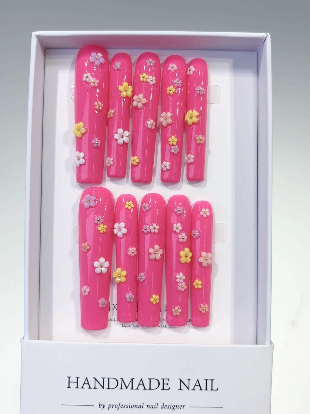 365nails: "Pink Blossom Fantasy" – Extra Long Square Hot Pink 3D Flower Handmade Press-On Nails