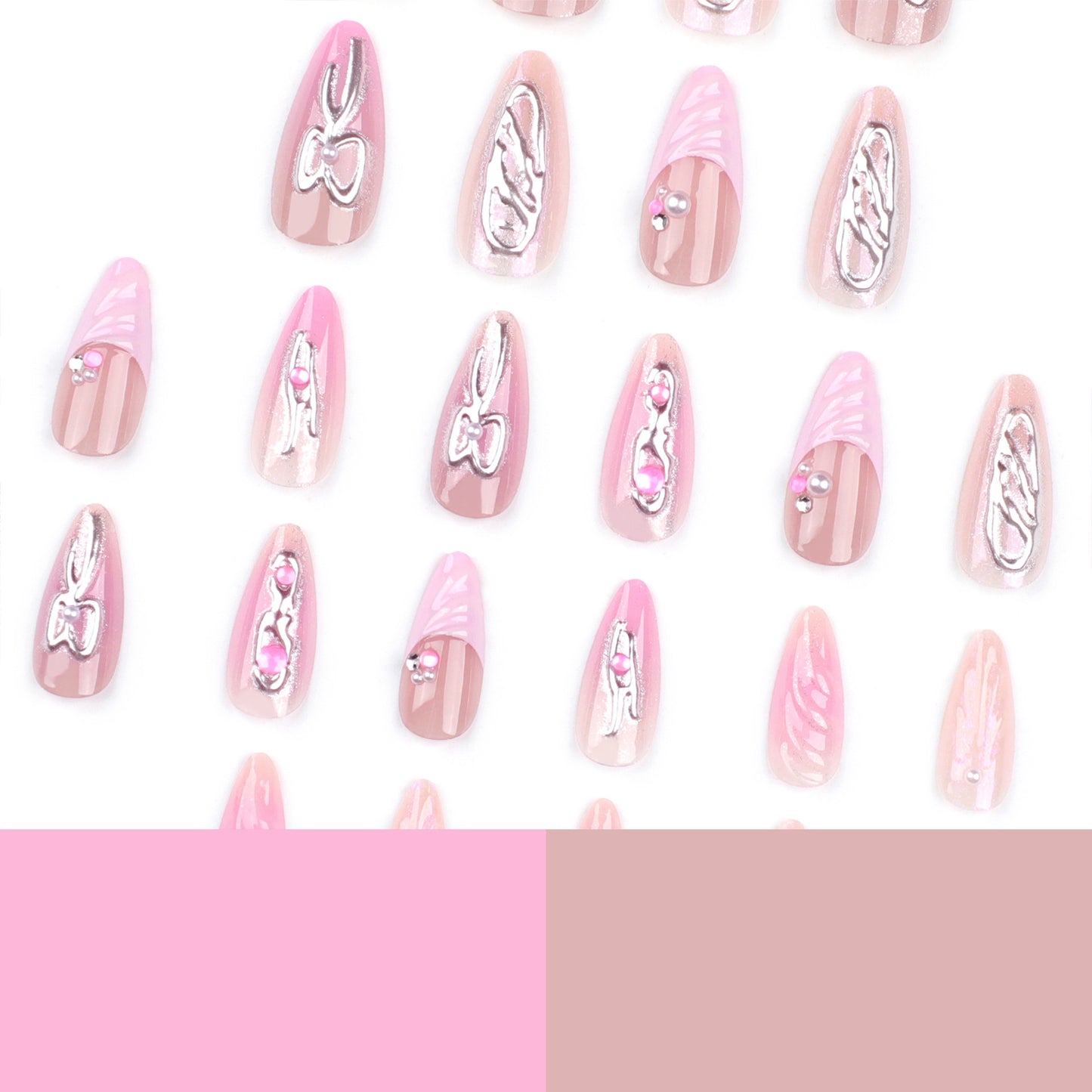 Espelho mágico tridimensional com laço rosa prateado, unhas postiças artísticas em atacado, unhas postiças francesas 3D rosa ｜365nails