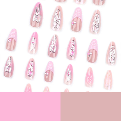 Espelho mágico tridimensional com laço rosa prateado, unhas postiças artísticas em atacado, unhas postiças francesas 3D rosa ｜365nails