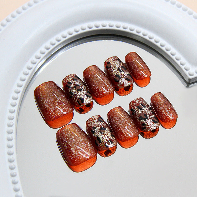 Nail Tips  prefabricated nail caramel fine flash leopard print cat eye girl white versatile nail art tablets 30 pieces｜365nails