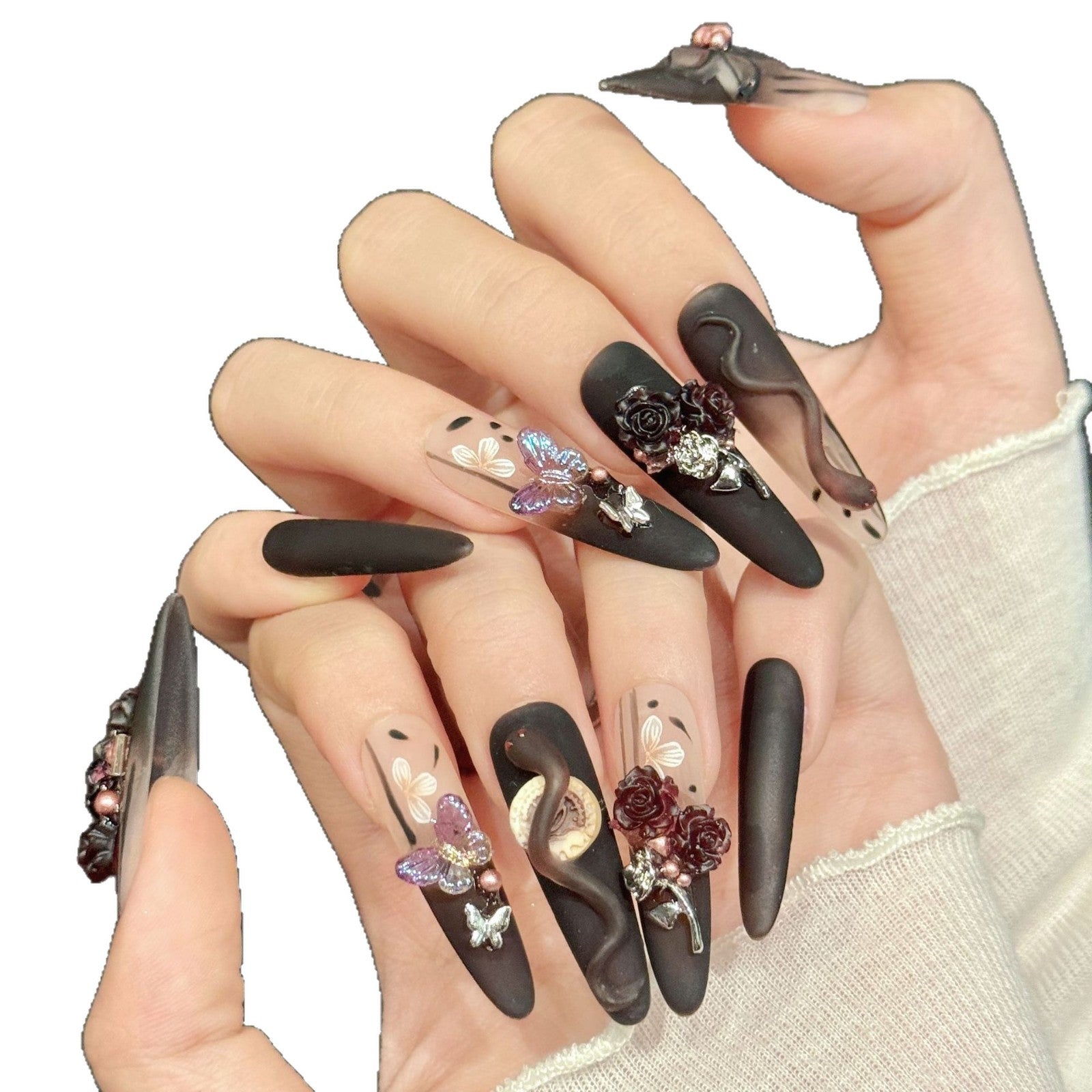 Gothic Rose Butterfly Matte Dark Fantasy Nails
