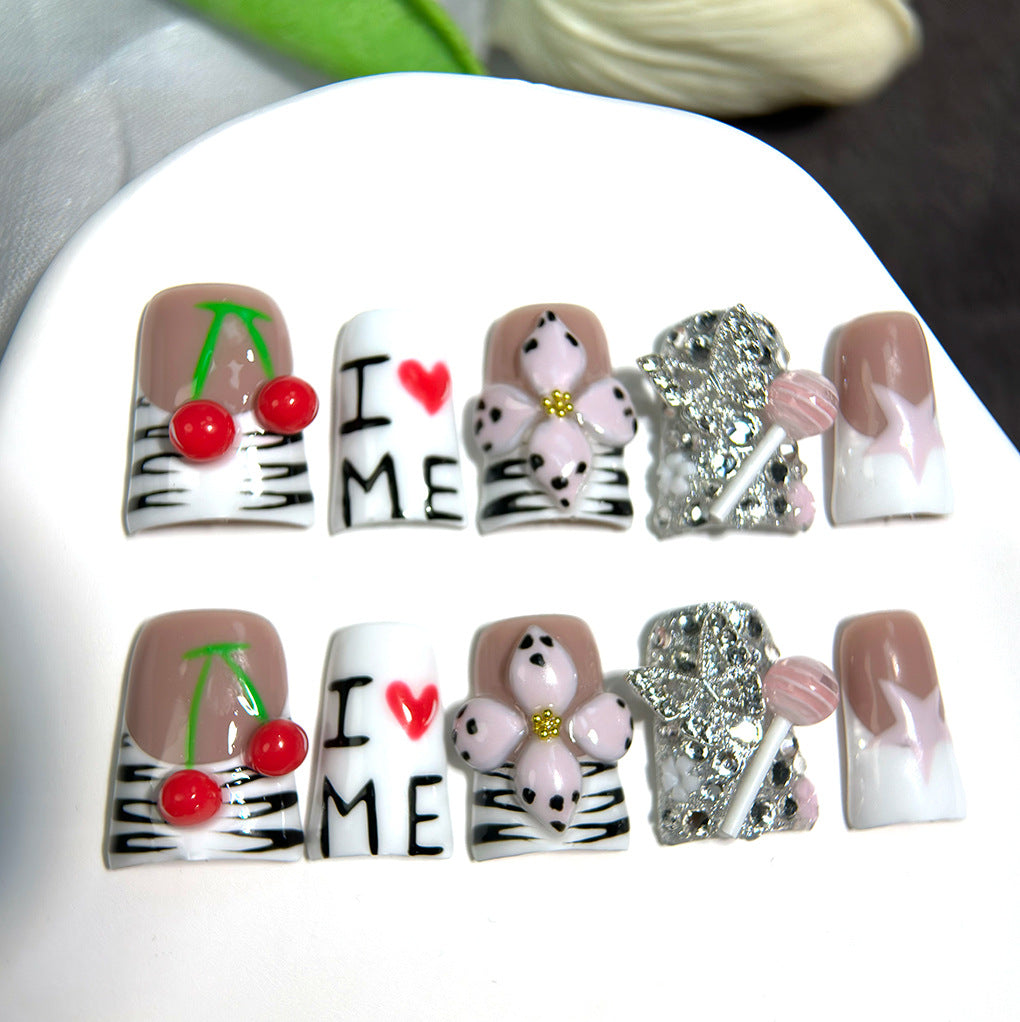Cute Cherry Letter Star Embellished Press On Nails