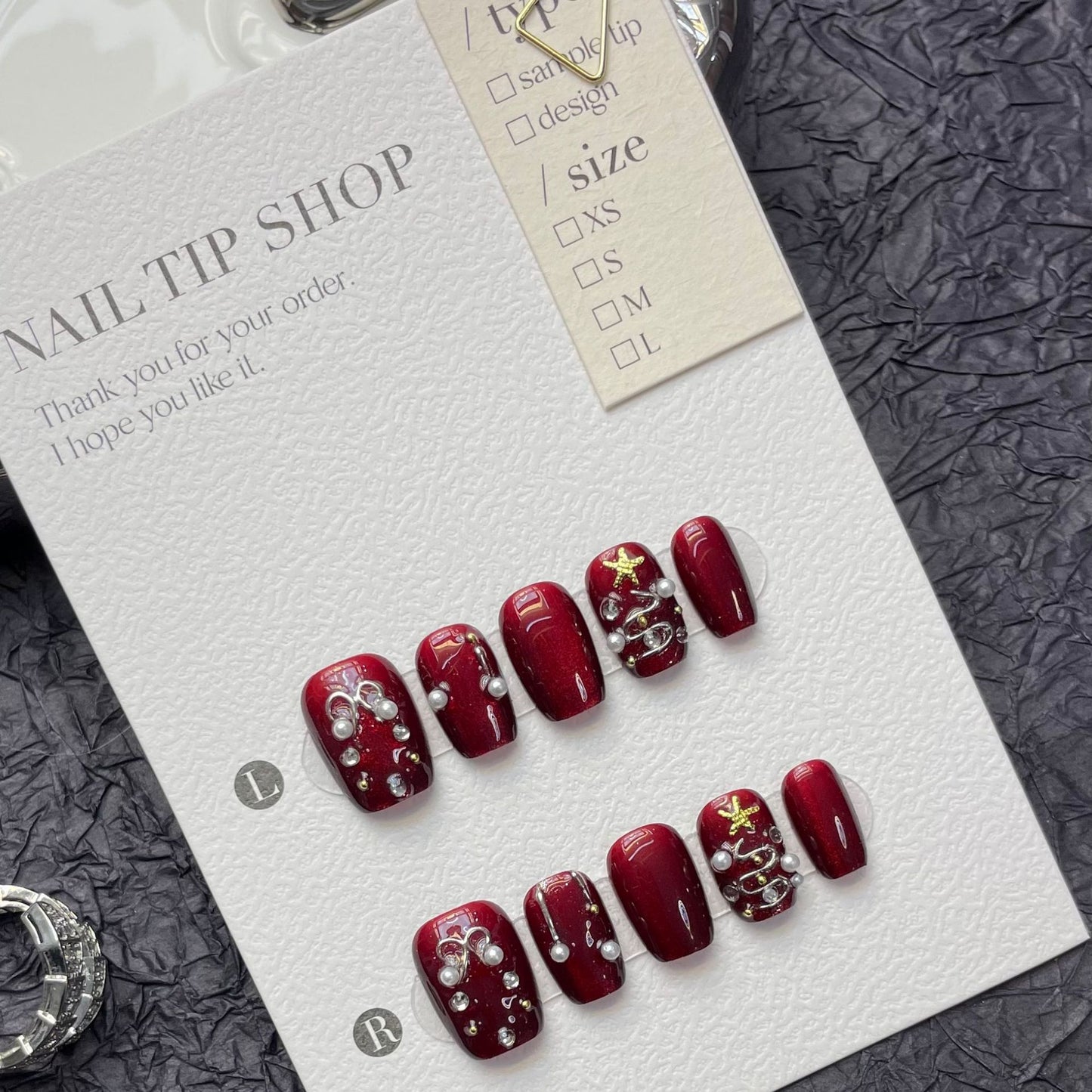 Wine Red Pearl Christmas Press‑On Nails – Snowflake & Ribbon Design