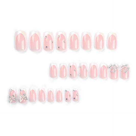 French white edge manicure piece Pure desire butterfly flash diamond  Rectangular nail ｜365nails