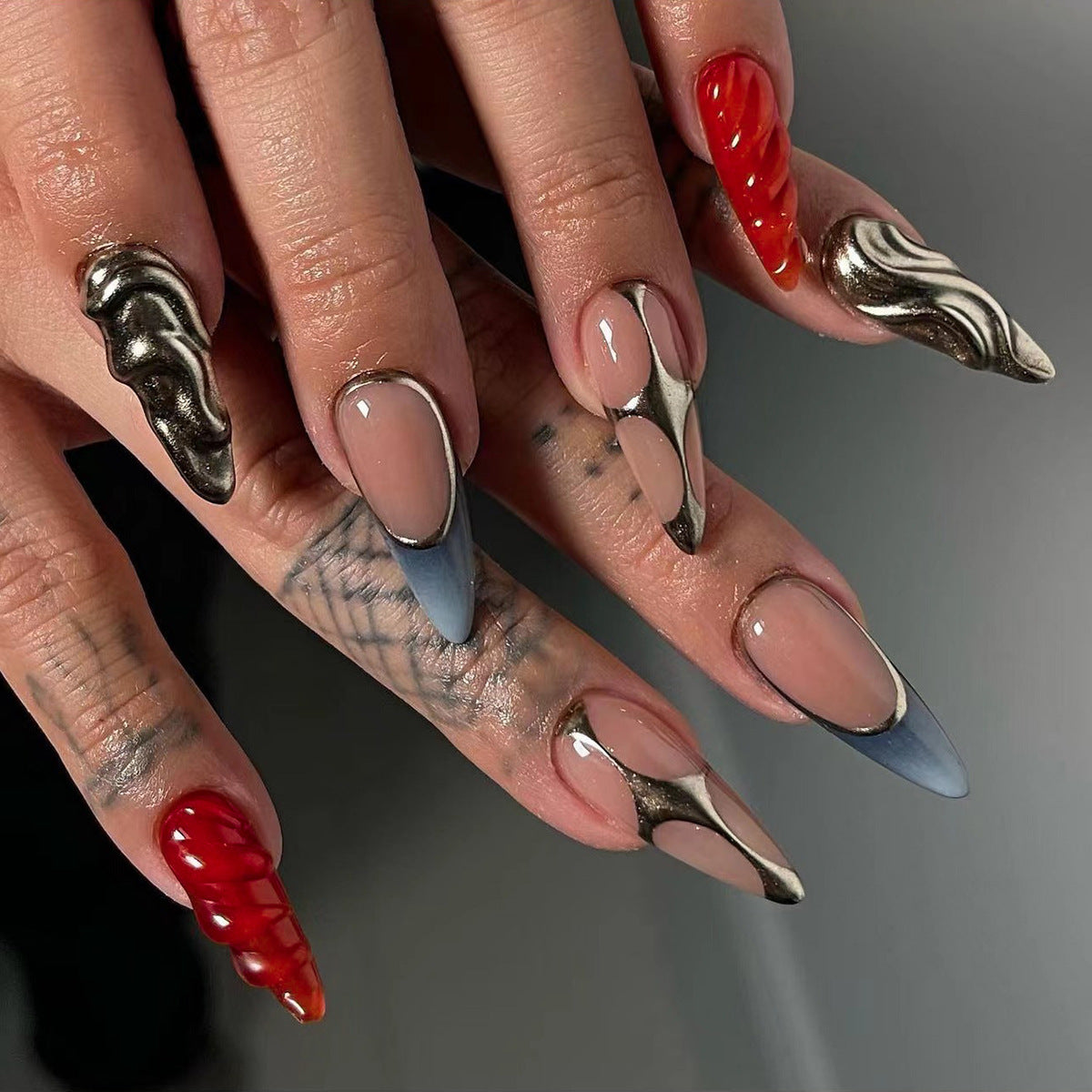 Semi-handmade metallic manicure French  red solid color nail patch 3D nail piece finished product wholesale｜365nails