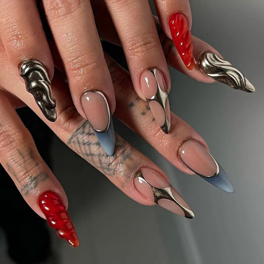 Semi-handmade metallic manicure French  red solid color nail patch 3D nail piece finished product wholesale｜365nails