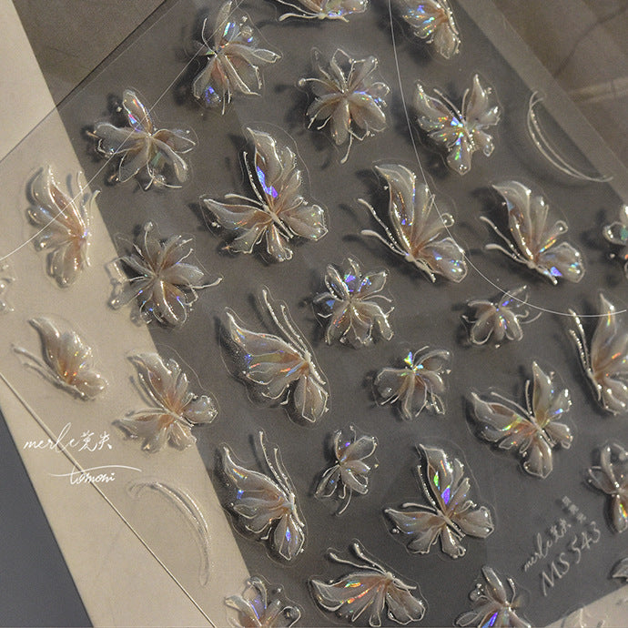 Holographic Shell Light Butterfly Nail Stickers – 3D Embossed Iridescent Set