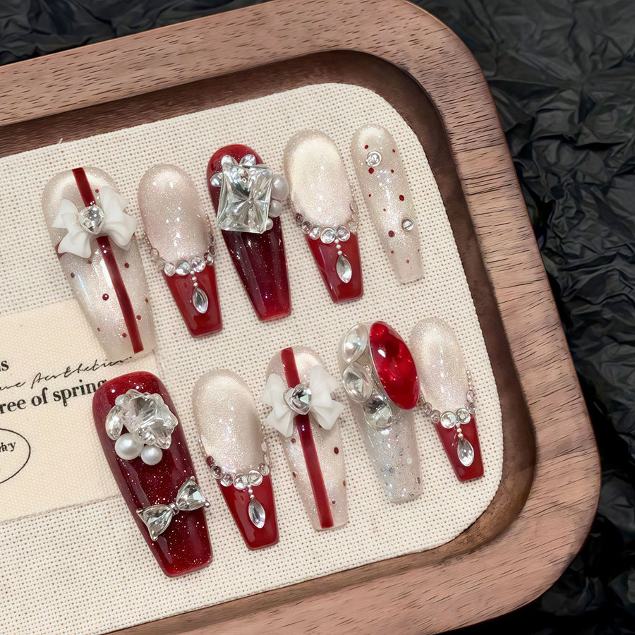 365nails: "Crimson Opulence" – 3D Bow & Diamond Handmade Almond Nails